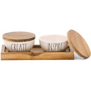 NWT Rae Dunn Set of 2 Wood Lid Pinch Bowls Create & Inspire